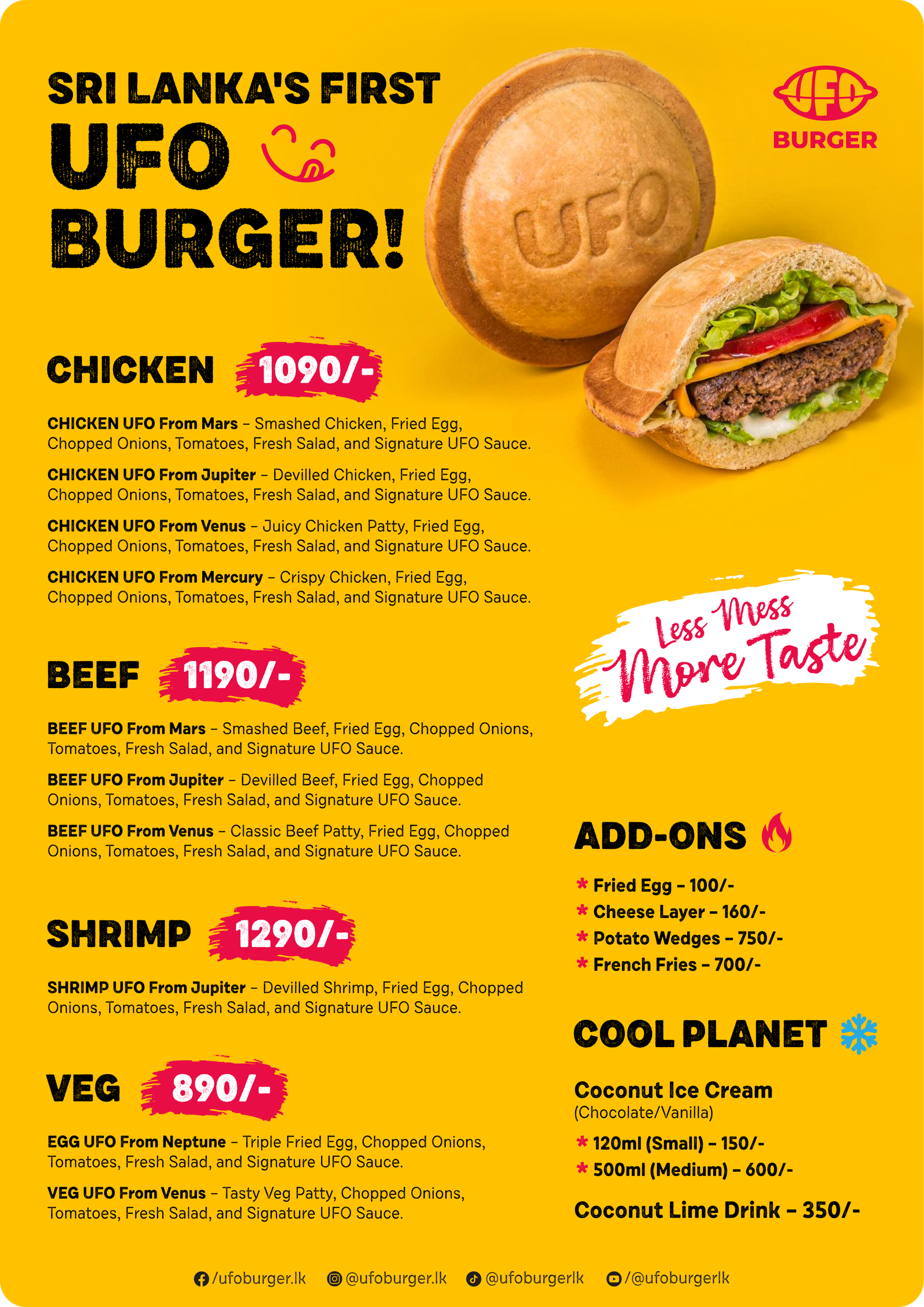 UFO Burger Menu Card Sri Lanka